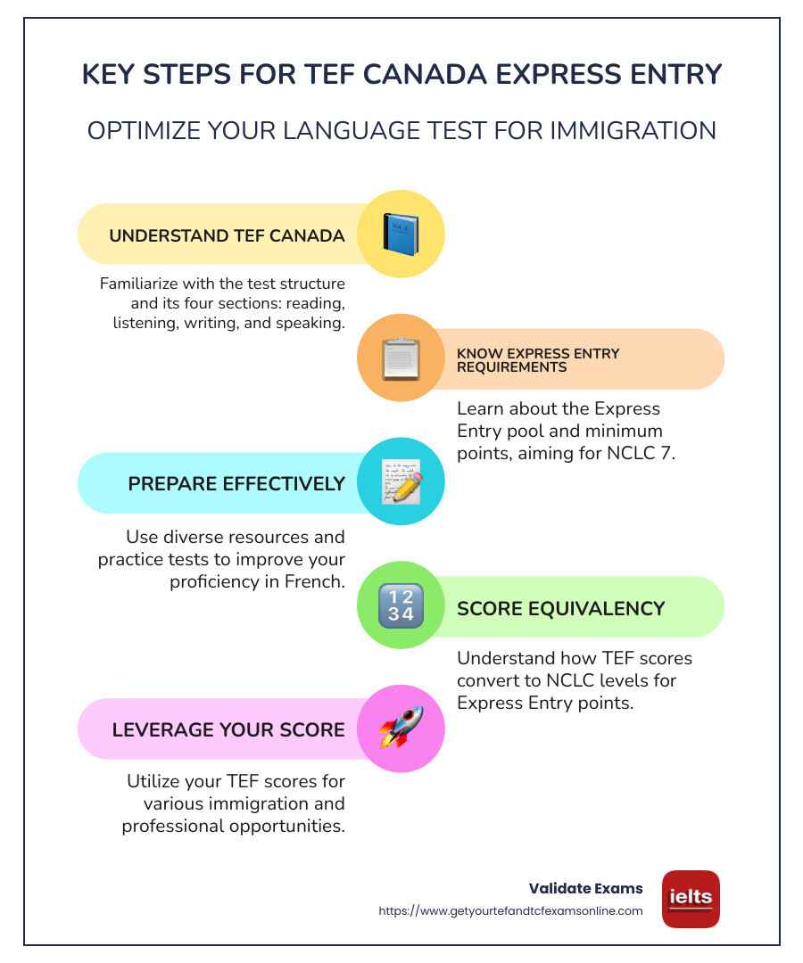 Infographic explaining TEF Canada express entry steps - tef canada express entry infographic infographic-line-5-steps-colors