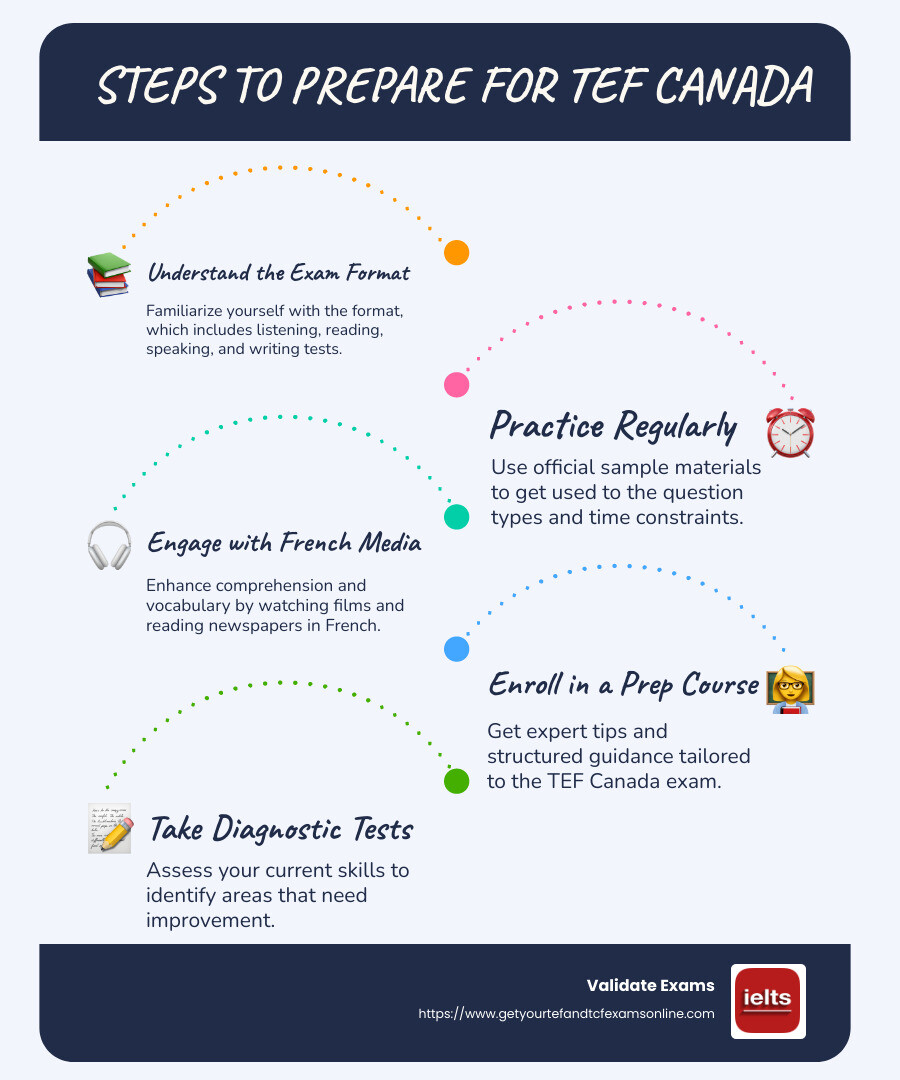 TEF Canada Exam Overview Infographic - prepare for tef canada infographic infographic-line-5-steps-blues-accent_colors