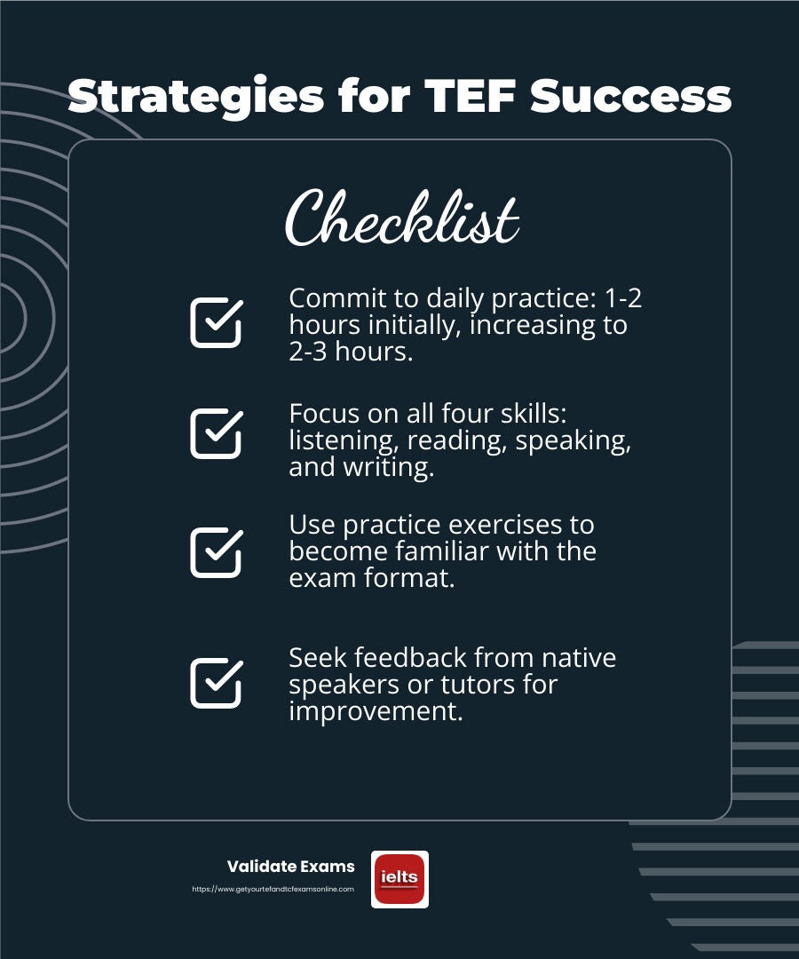Structured practice can lead to success in language exams - learn french for tef canada infographic checklist-dark-blue
