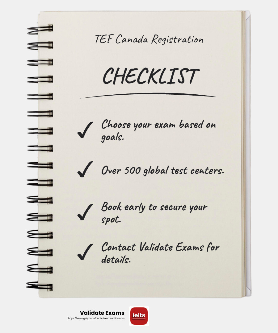 TEF Canada exam registration is straightforward, with over 500 centers worldwide offering flexible session dates and direct contact support. - tef canada test center infographic checklist-notebook