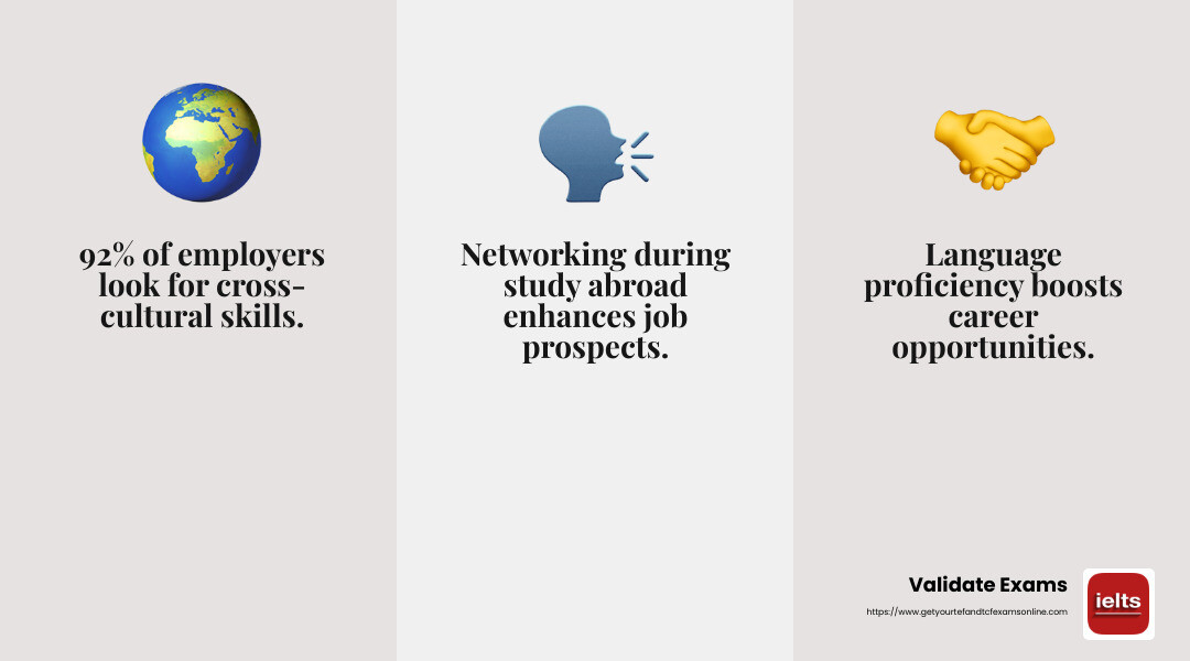 Study abroad certificates are respected by industry leaders globally, offering credibility in the job market. - certificate of study abroad infographic 3_facts_emoji_grey