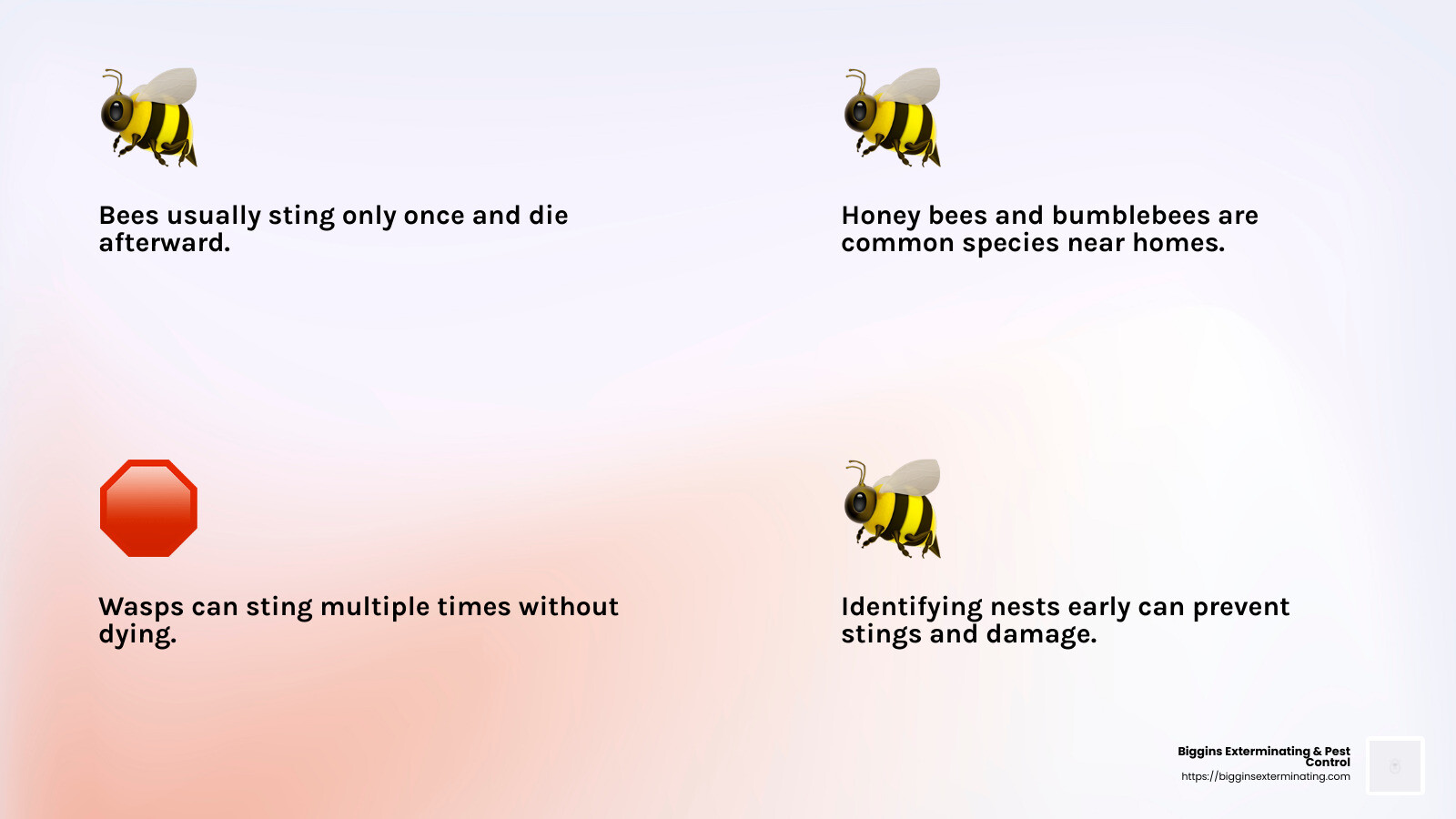 Wasps are more aggressive and can sting multiple times, unlike bees, which die after stinging. - bee and wasp exterminator near me infographic 4_facts_emoji_light-gradient