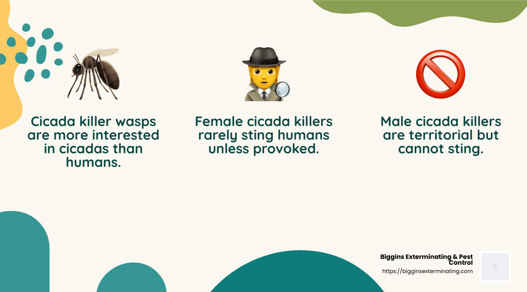Cicada killer wasps are not a significant threat to humans, as they rarely sting and are more interested in cicadas. - cicada killer treatment infographic 3_facts_emoji_nature