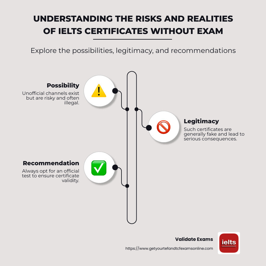 Structured infographic addressing getting IELTS certificate without exam options and risks - ielts certificate without exam infographic infographic-line-3-steps-neat_beige