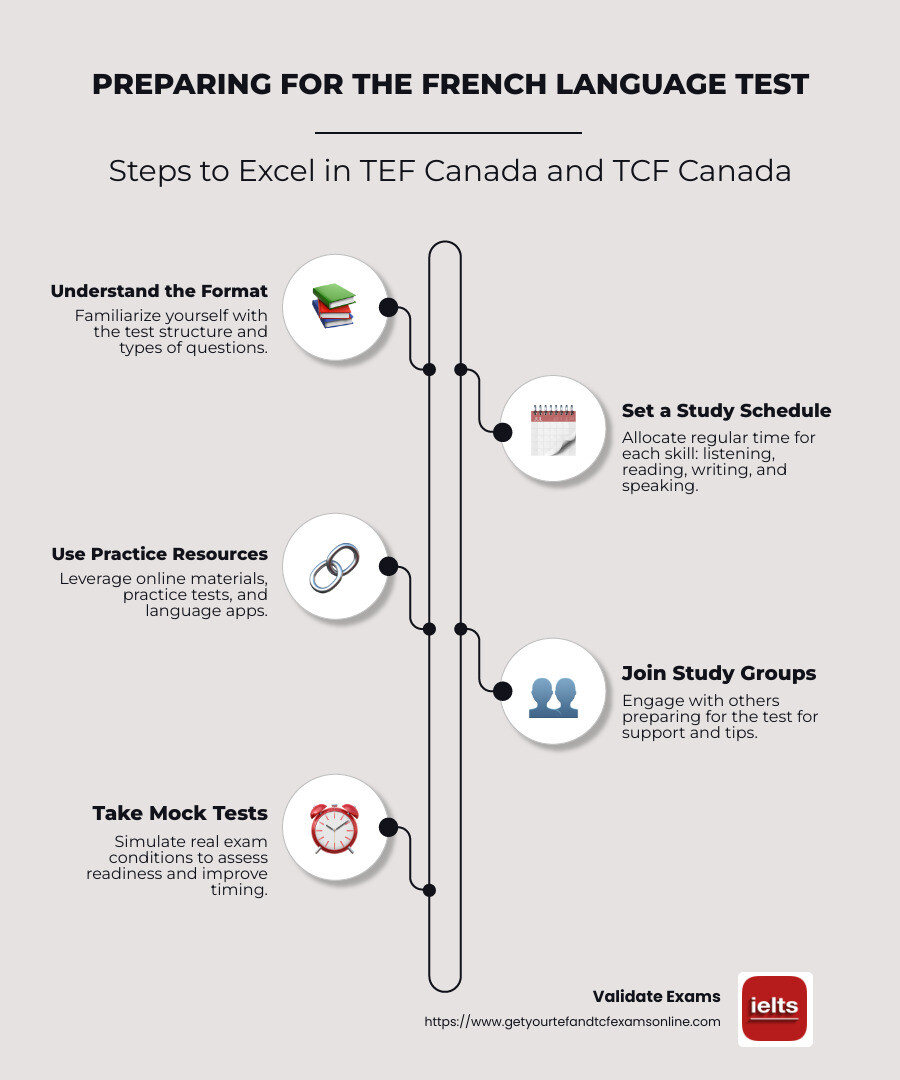 Overview of French Language Tests for Canadian Immigration - french language test for canada immigration infographic infographic-line-5-steps-neat_beige