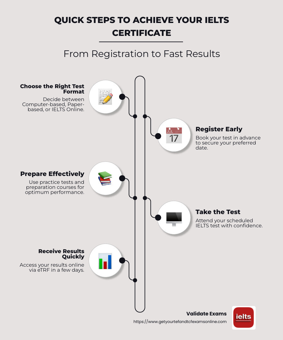 Infographic showing quick steps to achieve IELTS certificate - IELTS certificate quick infographic infographic-line-5-steps-neat_beige