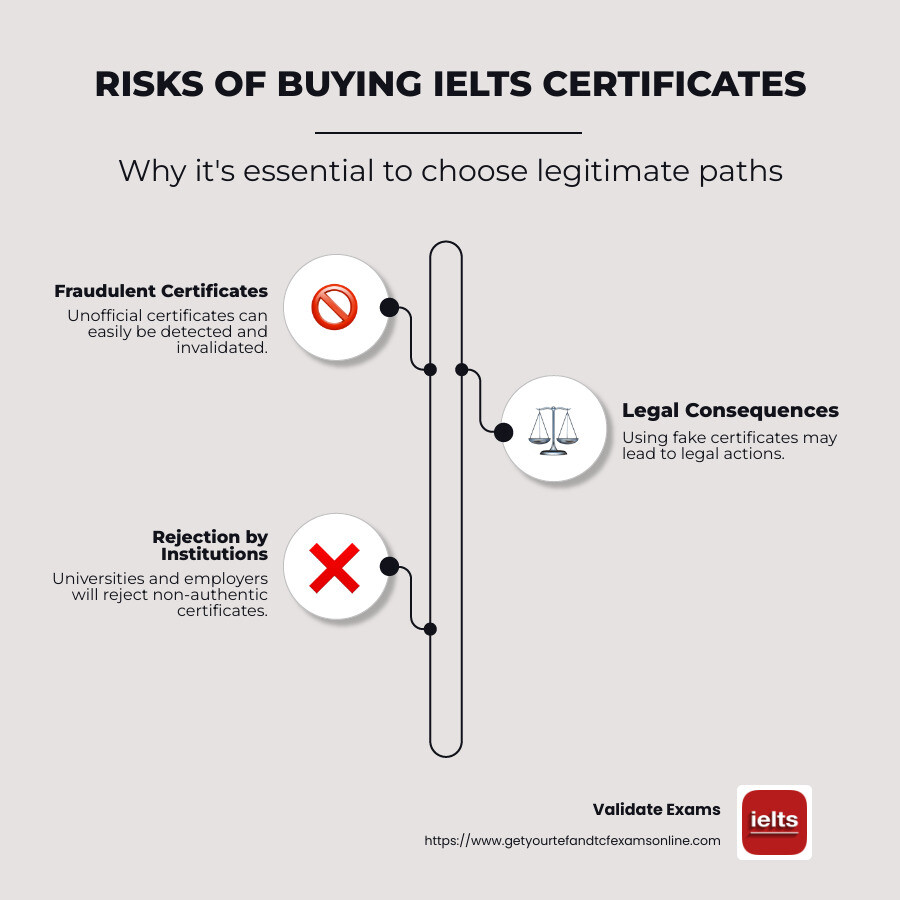Infographic highlighting the risks and consequences of buying an IELTS certificate - buy IELTS certificate infographic infographic-line-3-steps-neat_beige