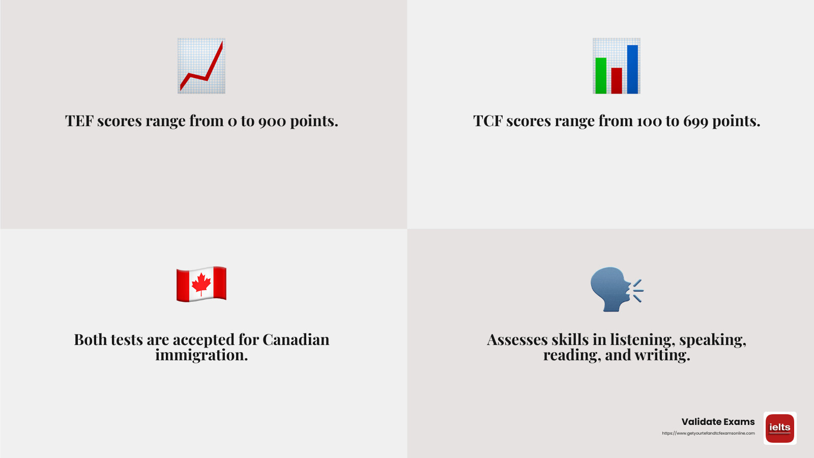 TEF and TCF Scoring Comparison - TEF,TCF,CELPIP,IELTS,DELF,DALF infographic 4_facts_emoji_grey