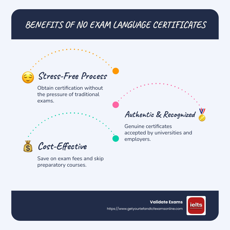 Infographic on no exam language certificate benefits - no exam language certificate infographic infographic-line-3-steps-blues-accent_colors