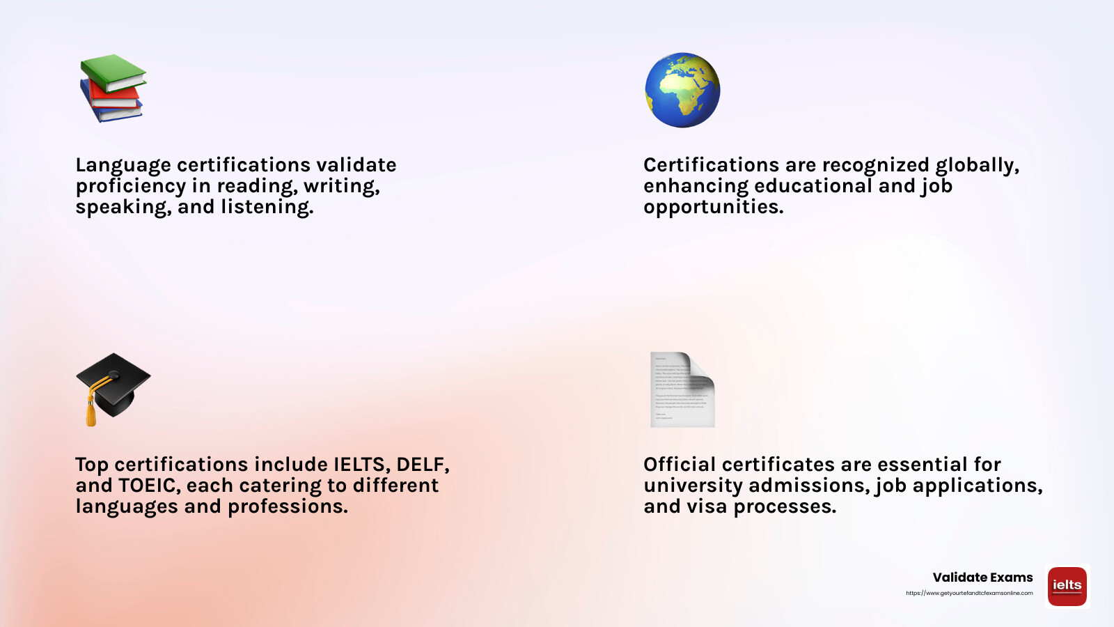 Language proficiency certificates are recognized globally and can boost your career prospects. - no exam language certificate infographic 4_facts_emoji_light-gradient