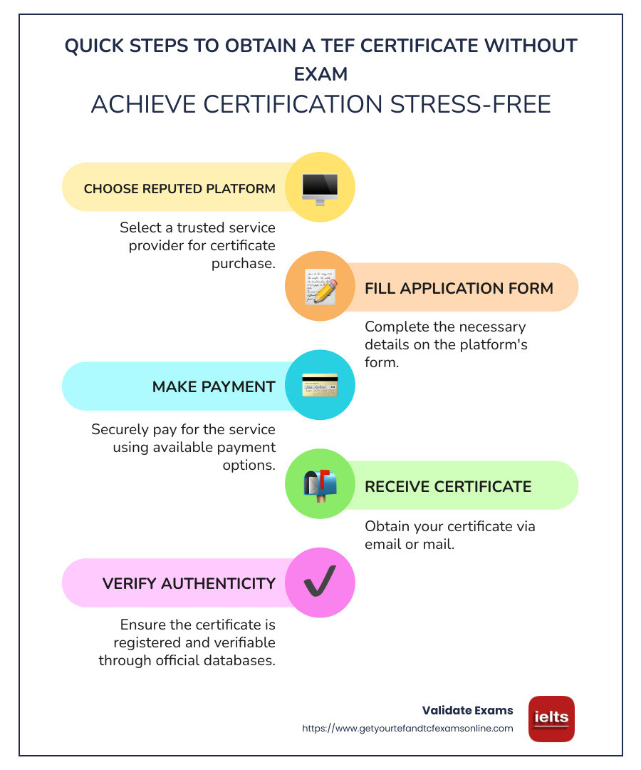 Infographic detailing quick steps and advantages for obtaining a TEF certificate without an exam: 1. Online purchase options from reputed platforms. 2. Guaranteed authenticity and verification. 3. Saves time and reduces stress comparable to traditional exam methods. - TEF certificate without exam infographic infographic-line-5-steps-colors