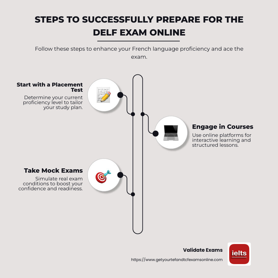 Infographic showing steps to successfully prepare for the DELF exam online: Start with a Placement Test, Engage in Courses, Take Mock Exams, Use Free Resources, Consider Professional Help. - delf exam preparation online infographic infographic-line-3-steps-neat_beige