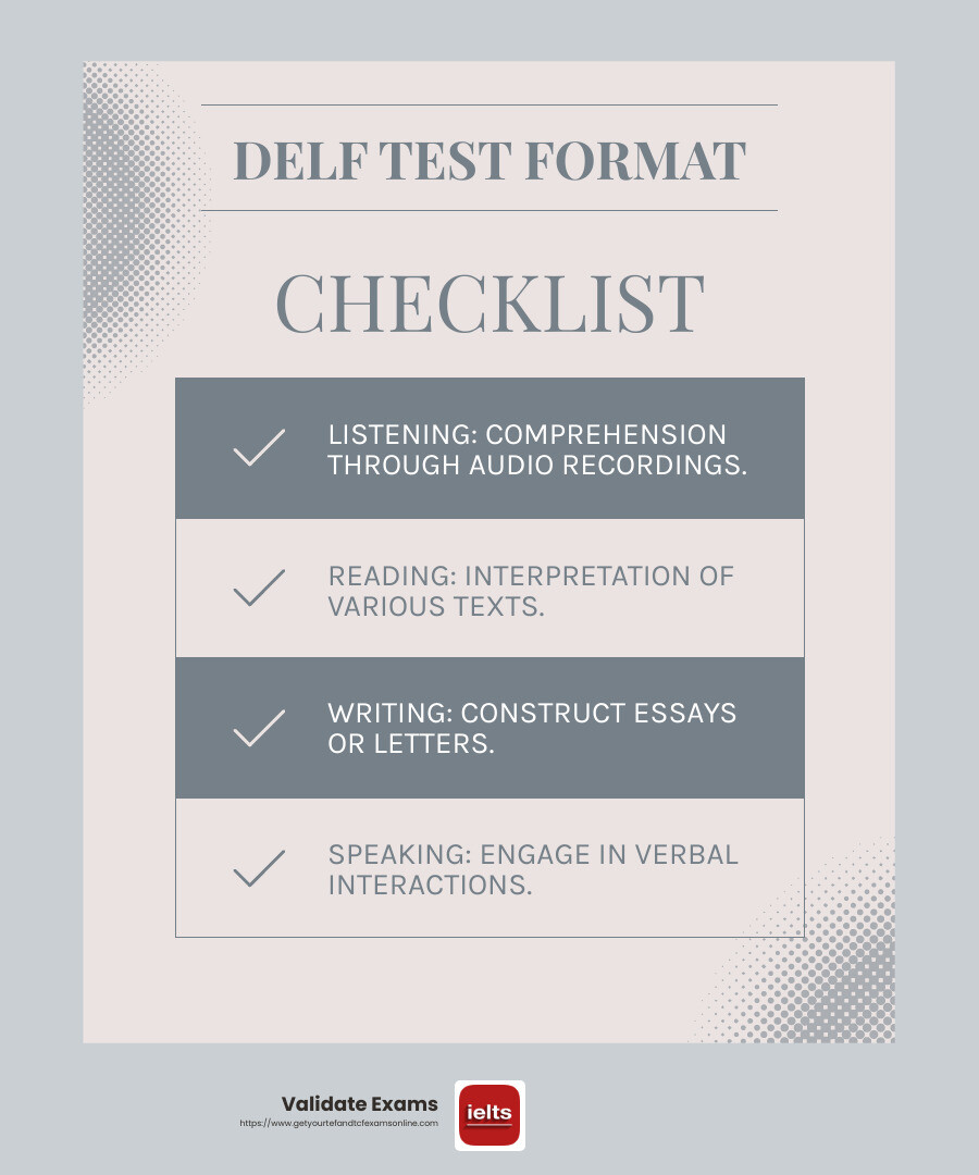 DELF Test Structure - delf test online infographic checklist-light-blue-grey