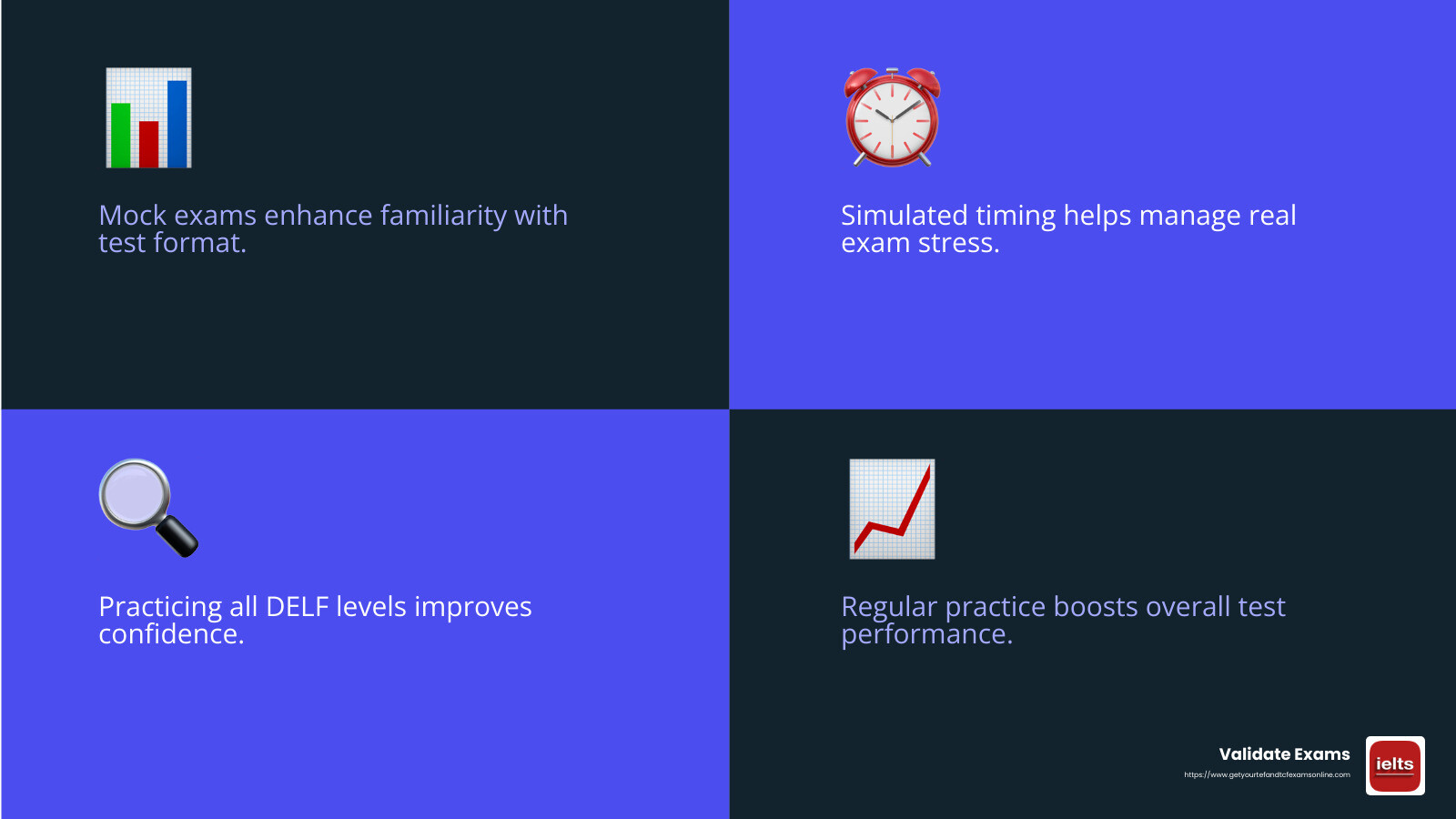 Statistics show that practice with mock exams significantly improves test performance. - delf test online infographic 4_facts_emoji_blue