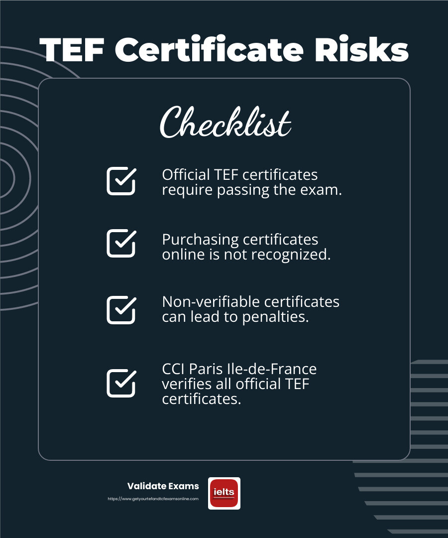 TEF certificates must be verifiable and officially recognized by CCI Paris Ile-de-France. - TEF certificate without exam infographic checklist-dark-blue