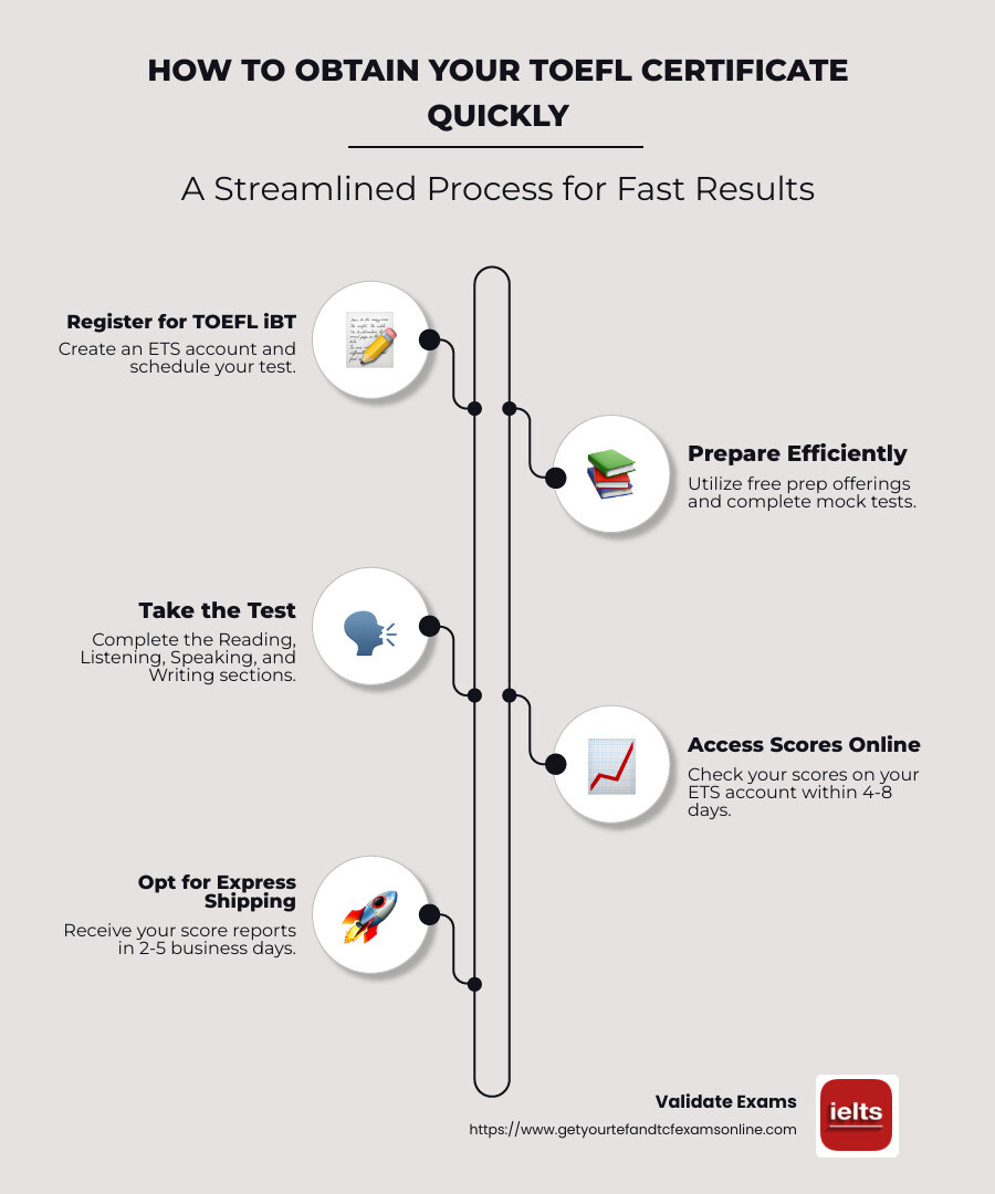 A detailed infographic showing the quick process to obtain a TOEFL certificate, highlighting key steps like understanding score sections, online accessibility, and rapid shipping options. - TOEFL certificate quick infographic infographic-line-5-steps-neat_beige