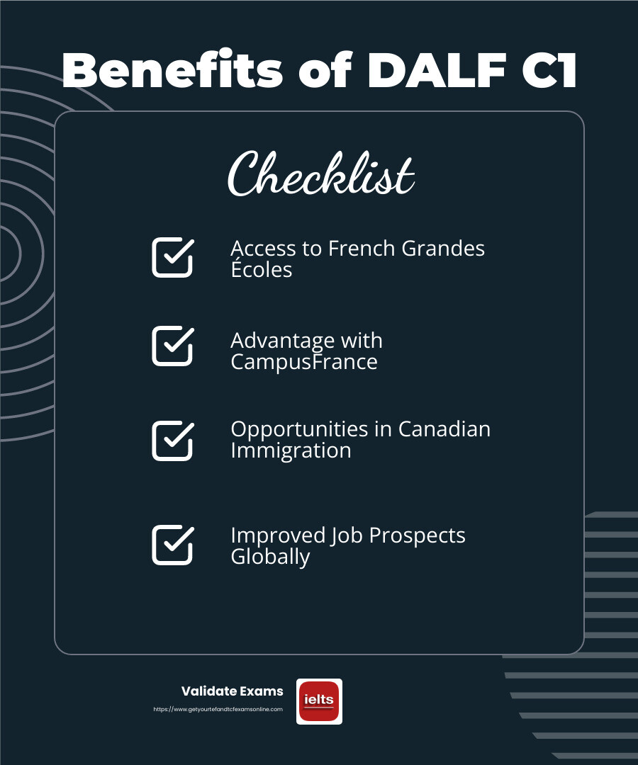 Benefits of DALF C1 Certificate - DALF C1 certificate infographic checklist-dark-blue