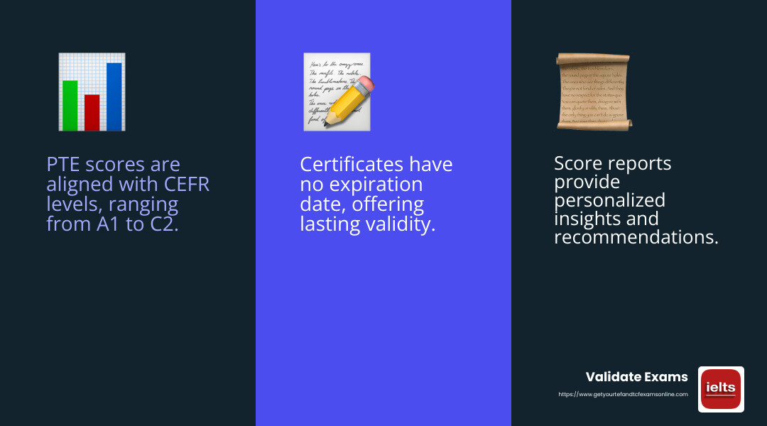 Your PTE score report provides detailed insights and recommendations for further learning. - pearson test of english online infographic 3_facts_emoji_blue