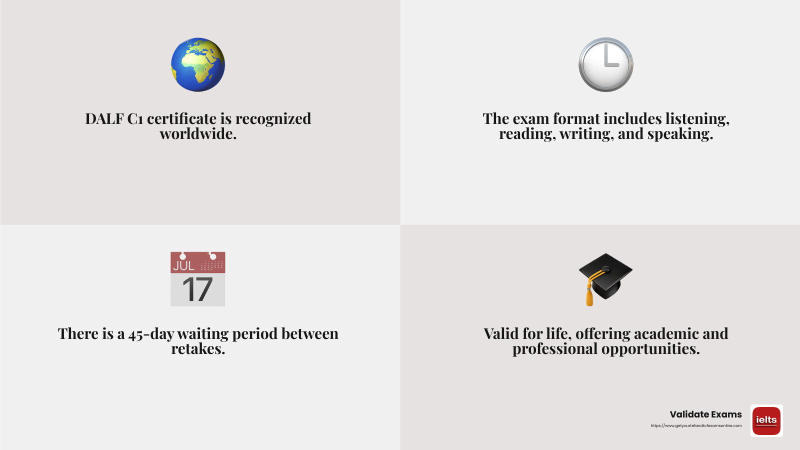 The DALF C1 certificate is recognized worldwide and valid for life, making it a valuable asset for academic and professional opportunities. - DALF C1 certificate infographic 4_facts_emoji_grey