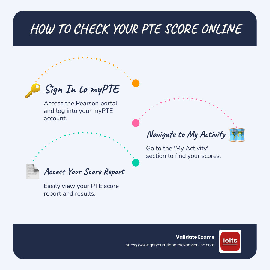 Infographic showing a step-by-step process for checking PTE scores online, including login, score navigation, and score access - PTE score online infographic infographic-line-3-steps-blues-accent_colors