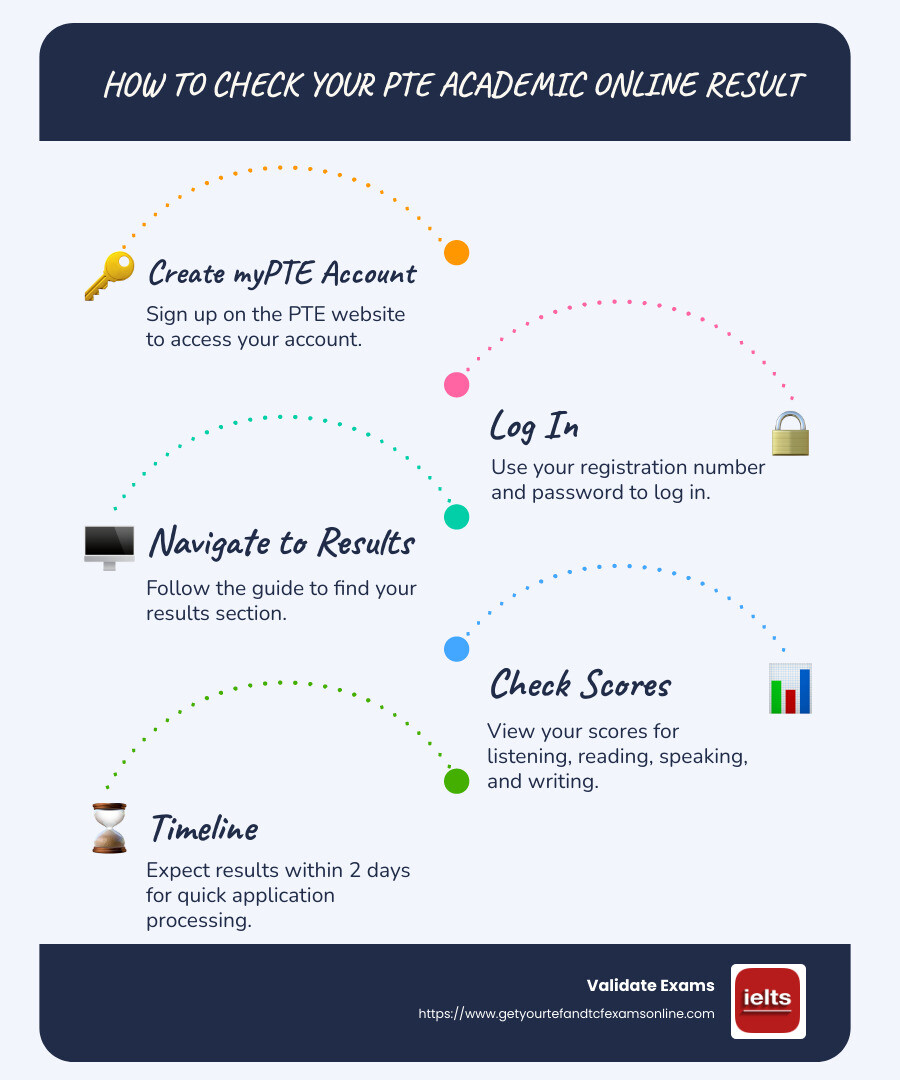 Infographic detailing the steps to check PTE scores online, including creating a myPTE account, logging in with PTE registration number, step-by-step instructions for navigating the Pearson website, and estimated timelines for receiving results - pte academic online result infographic infographic-line-5-steps-blues-accent_colors