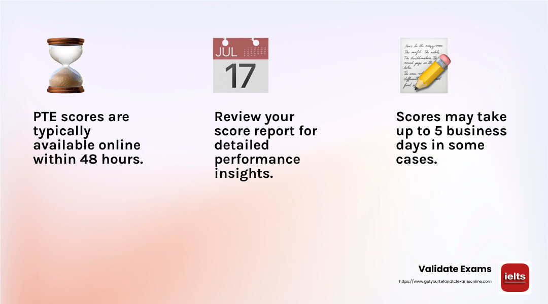 PTE scores are typically available online within 48 hours of your test, but may take up to 5 business days. - PTE score online infographic 3_facts_emoji_light-gradient