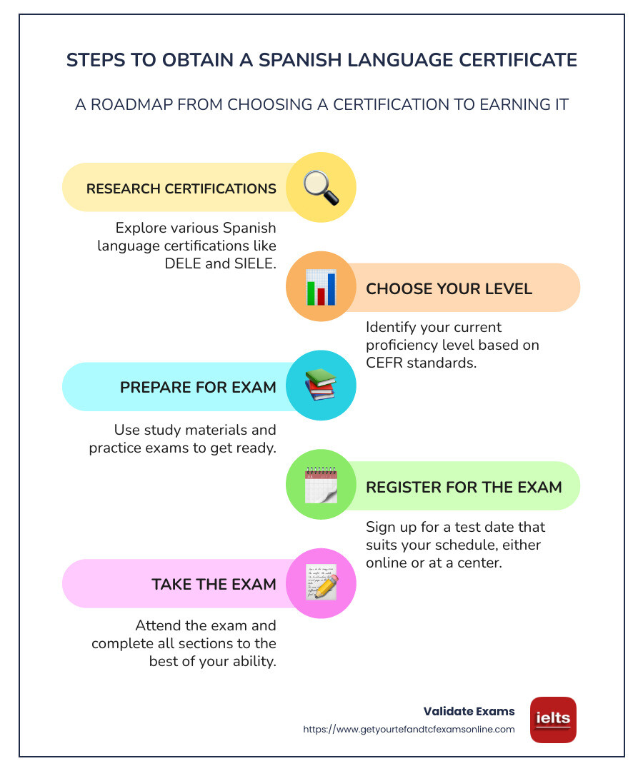 Spanish language proficiency levels infographic, showcasing the six CEFR levels from A1 to C2, with descriptions of each level's expectations in the skills of reading, writing, speaking, and listening, designed to visually summarize the progression of language skills required for Spanish language certification. - can you obtain a spanish language certificate infographic infographic-line-5-steps-colors
