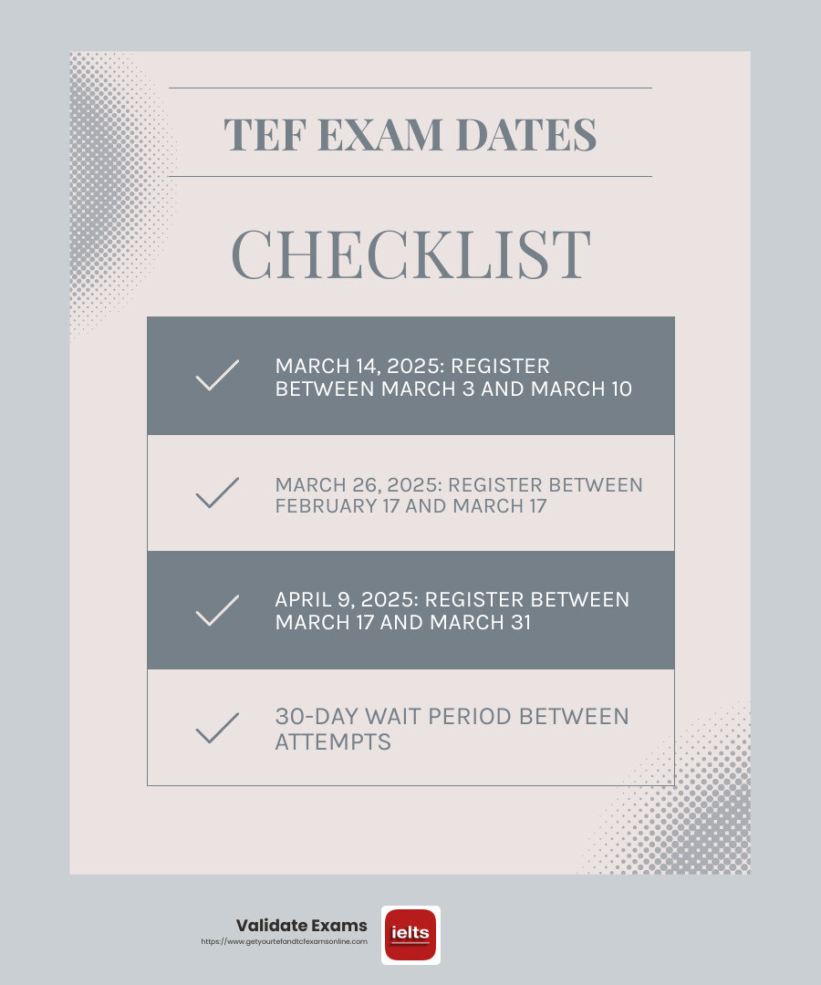 Upcoming TEF Canada Exam Dates - tef canada exam dates infographic checklist-light-blue-grey