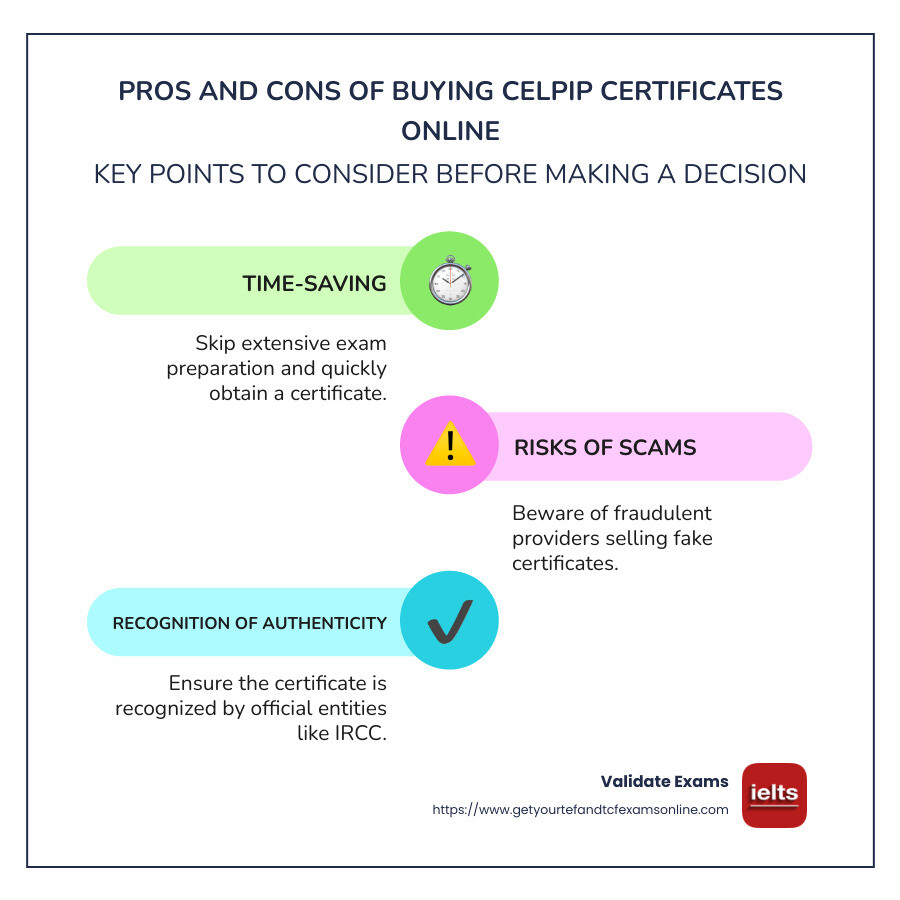 An infographic detailing the pros and cons of buying a CELPIP certificate online, including key points like time-saving, risks of scams, and recognition of authenticity by official entities. - buy CELPIP certificate online infographic infographic-line-3-steps-colors
