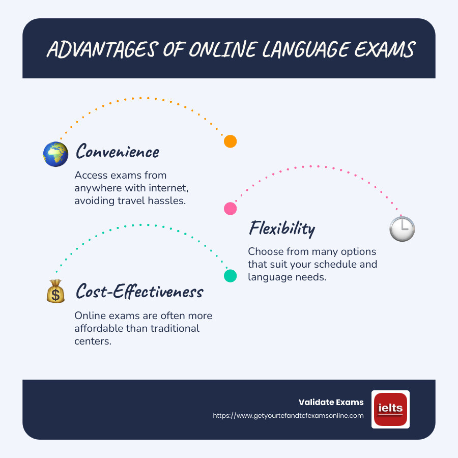 Benefits and Overview of Online Language Exams - online language exam infographic infographic-line-3-steps-blues-accent_colors