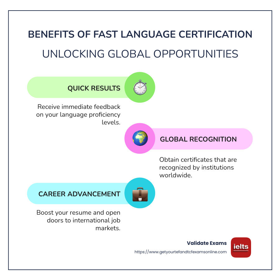 Overview of fast language certification benefits - fast language certification infographic infographic-line-3-steps-colors