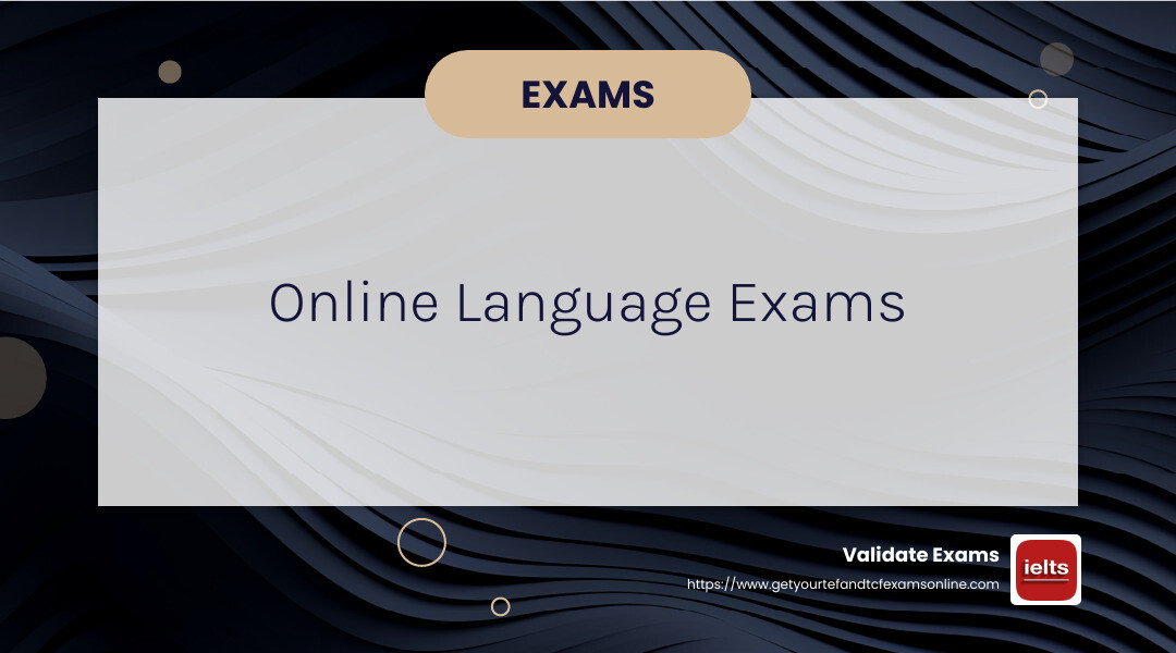 Language proficiency levels and test types infographic - online language exam infographic simple-info-landscape-card-dark