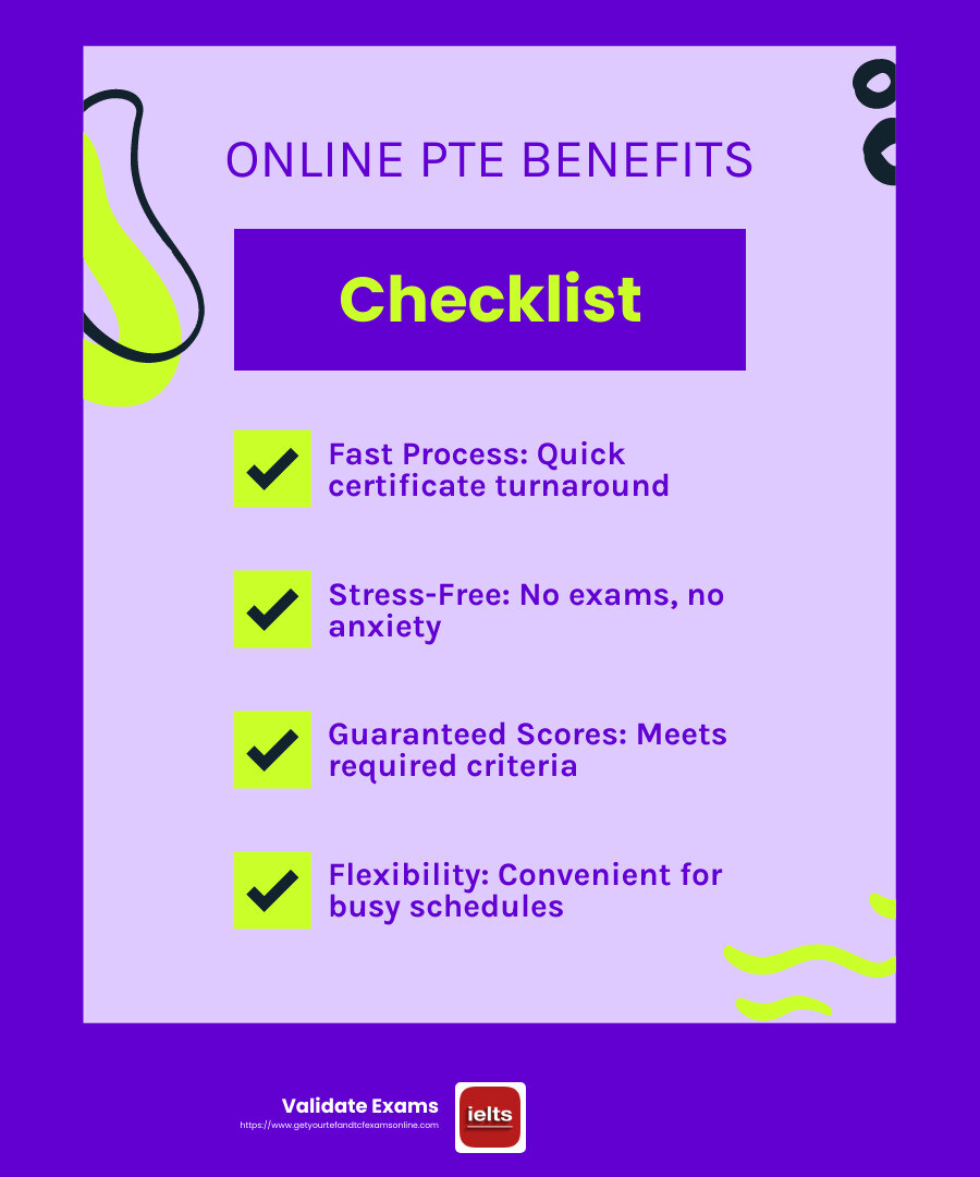 Stress-Free Experience with Online Certification - buy PTE certificate online infographic checklist-fun-neon
