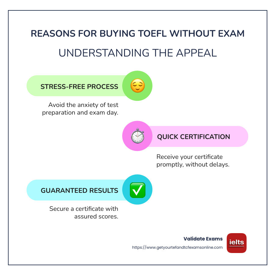 Infographic showing the benefits of buying TOEFL without exam - Buy TOEFL without exam infographic infographic-line-3-steps-colors