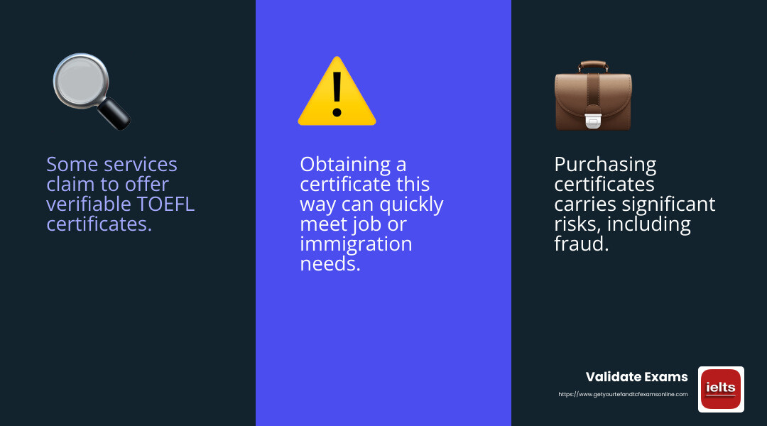 Purchasing a certificate can bypass months of preparation and stress - Buy TOEFL without exam infographic 3_facts_emoji_blue