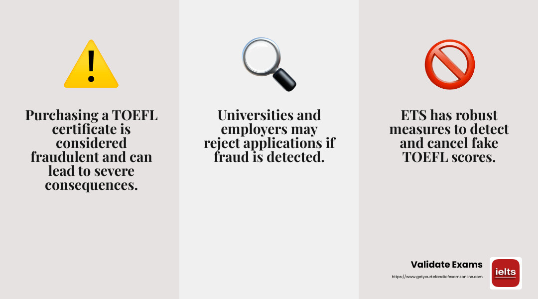 ETS is vigilant about maintaining test integrity - Buy TOEFL without exam infographic 3_facts_emoji_grey