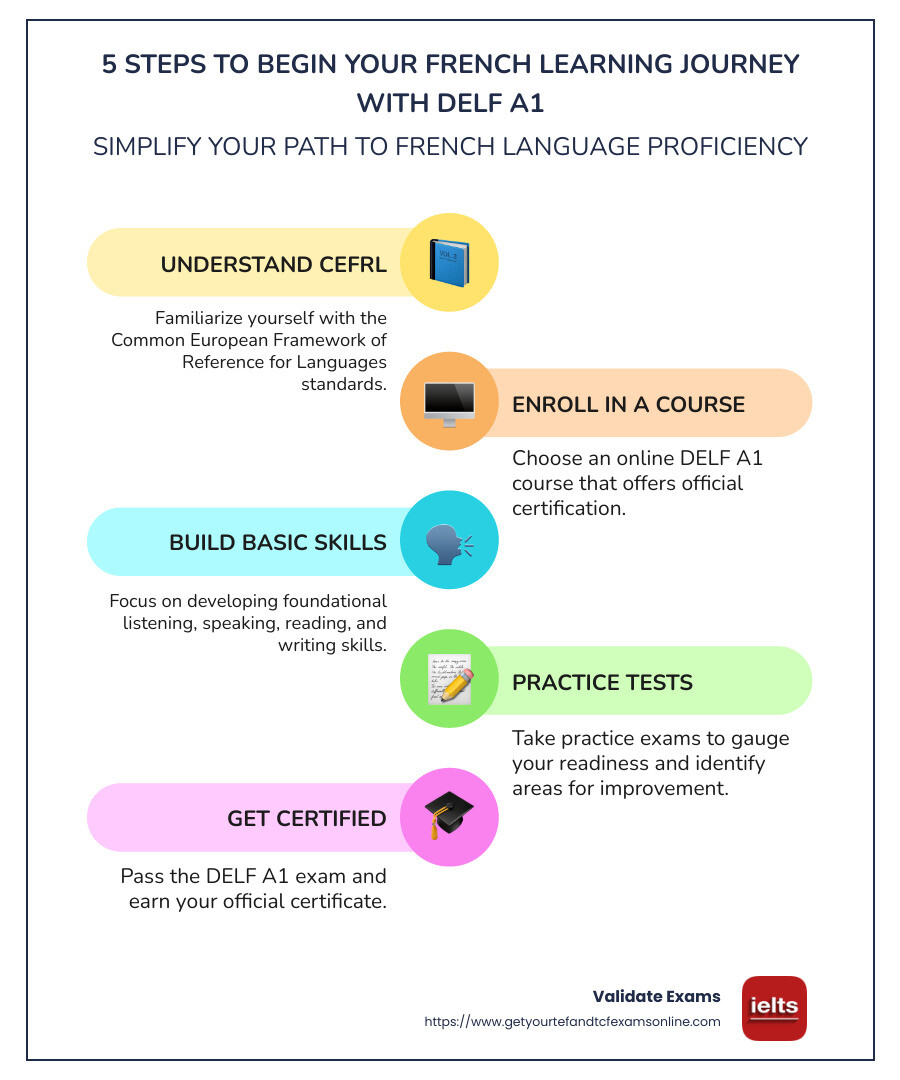 Infographic on Key Points for French Course Beginner DELF A1 CEFRL - french course beginner delf a1 cefrl official certificate online course infographic infographic-line-5-steps-colors