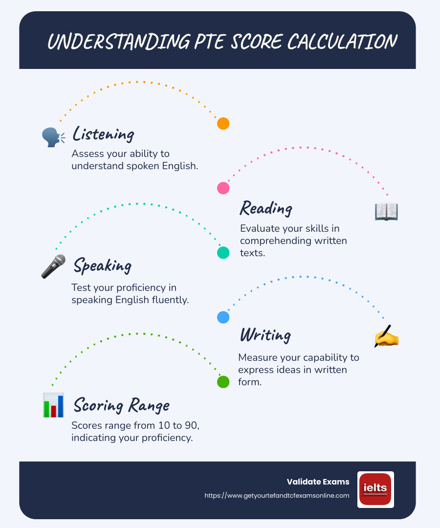 Infographic on PTE score segments, showing how scores are distributed across listening, reading, speaking, and writing, with a range of 10 to 90 points each - pte score calculator online infographic infographic-line-5-steps-blues-accent_colors