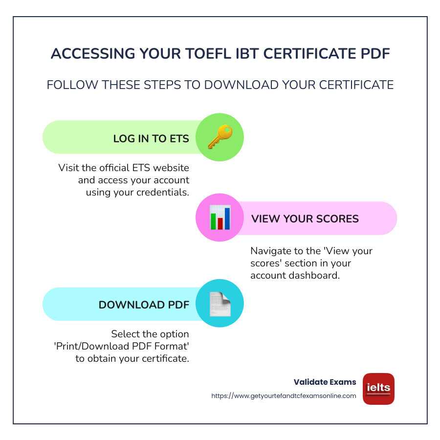 Infographic on accessing the TOEFL iBT certificate PDF with ETS account steps - toefl ibt certificate pdf infographic infographic-line-3-steps-colors