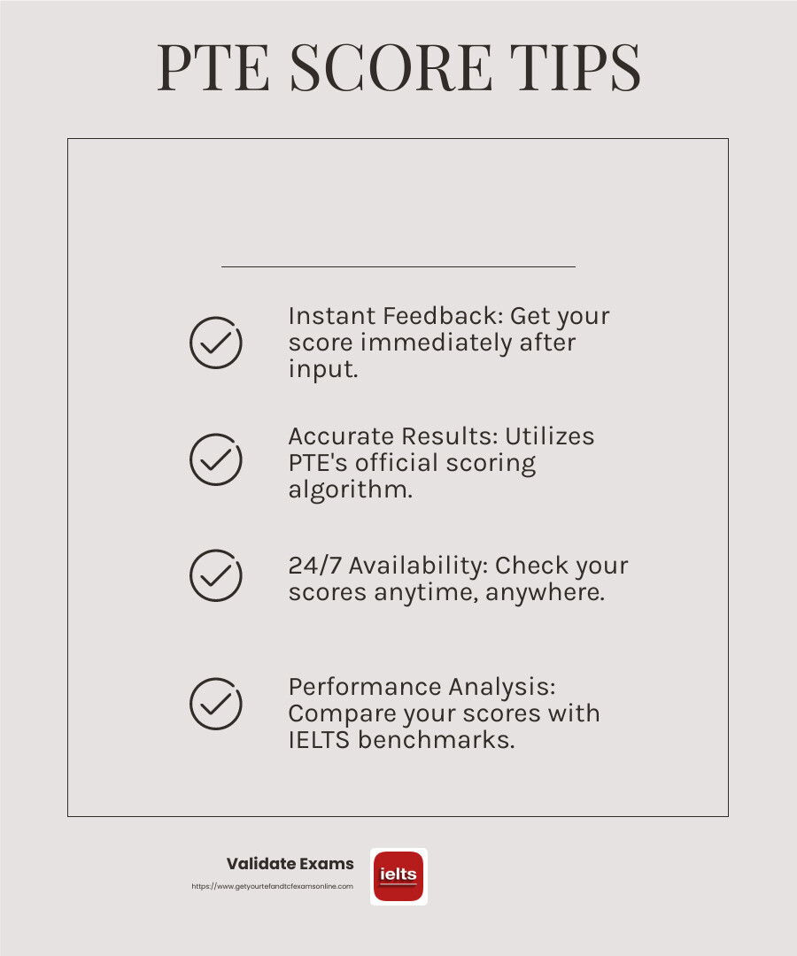 Instant and Accurate PTE Score Calculation - pte score calculator online infographic checklist-light-beige