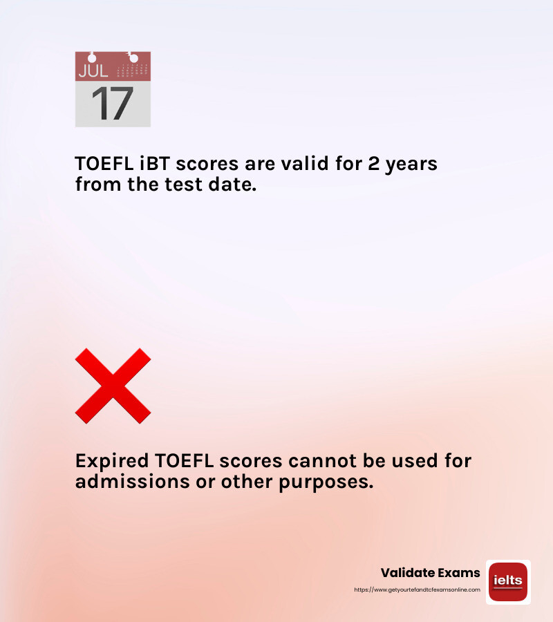 TOEFL scores are valid for two years from the test date. - toefl ibt certificate validity infographic 2_facts_emoji_light-gradient