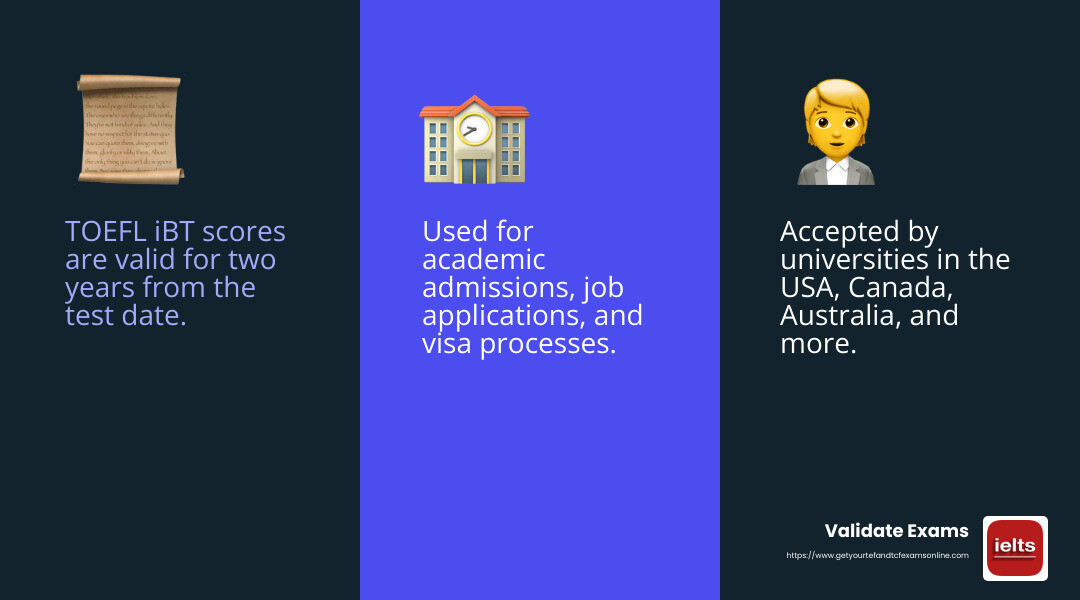 TOEFL scores are valid for two years from the test date. - toefl ibt certificate pdf infographic 3_facts_emoji_blue