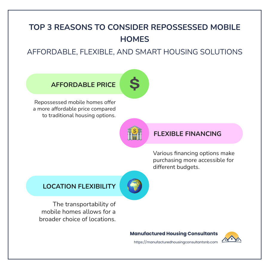 Infographic description: A graphic detailing the top 3 reasons to consider repossessed mobile homes: 1. Affordable price compared to traditional homes. 2. Various flexible financing options available. 3. Transportability providing flexibility in location choice. - repossessed mobile homes for sale near me infographic infographic-line-3-steps-colors
