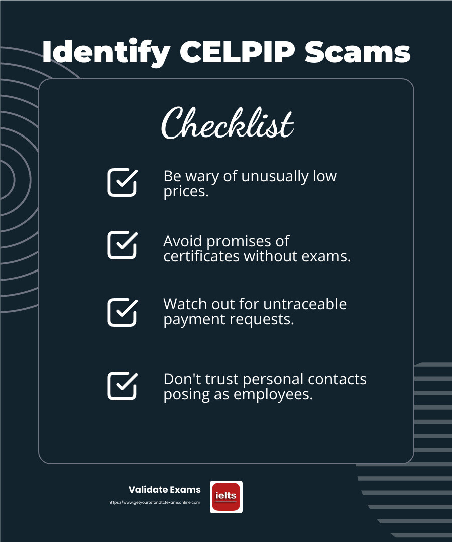 Scams on Social Media - Buy CELPIP certificate infographic checklist-dark-blue