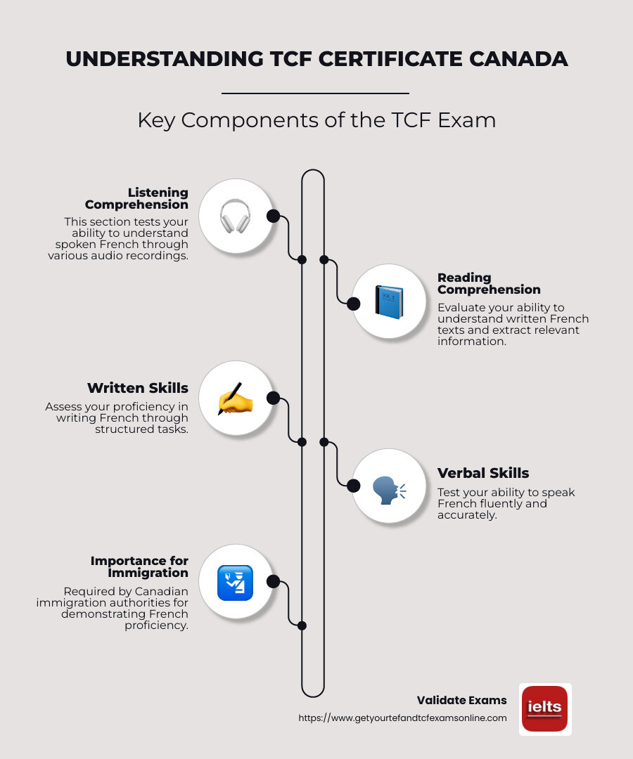 Infographic detailing components and importance of TCF certificate Canada - TCF certificate Canada infographic infographic-line-5-steps-neat_beige