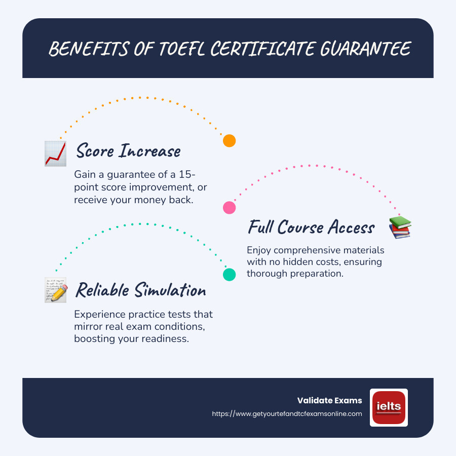 Infographic of TOEFL certificate guarantee benefits including score increase and stress reduction - TOEFL certificate guarantee infographic infographic-line-3-steps-blues-accent_colors