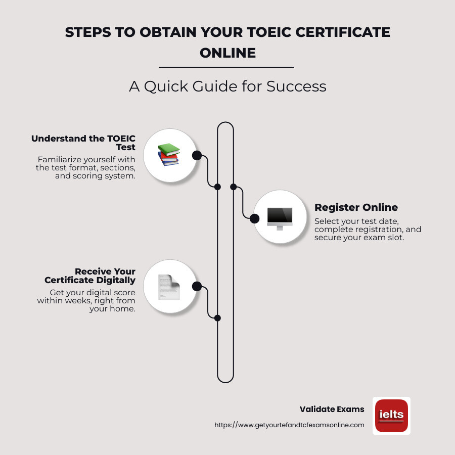 Infographic outlining steps to obtain a TOEIC certificate online with visuals of each step and timelines - TOEIC certificate online infographic infographic-line-3-steps-neat_beige