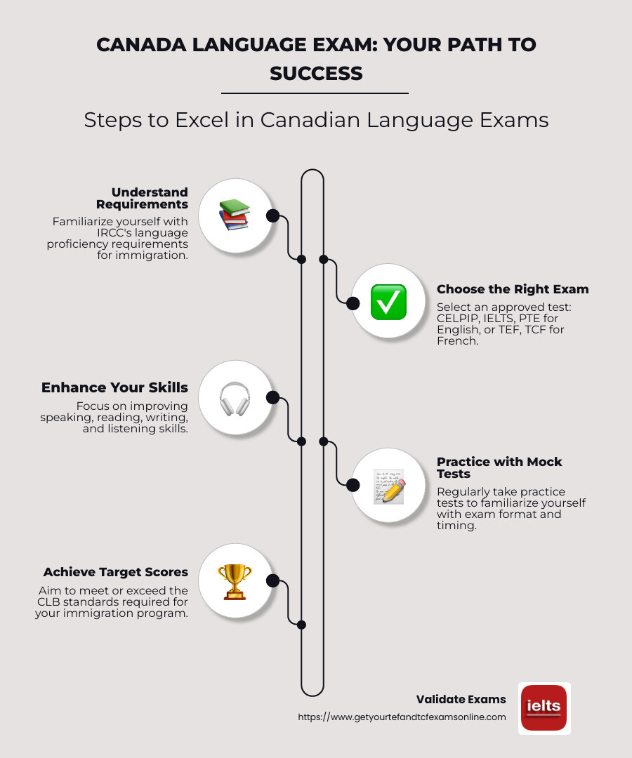 Canada Language Exam Overview: Approved Tests and Skills Assessed - canada language exam infographic infographic-line-5-steps-neat_beige