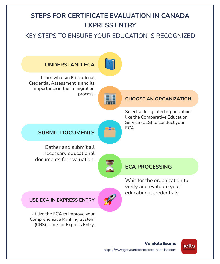 Certificate Evaluation Process - certificate evaluation for canada express entry infographic infographic-line-5-steps-colors