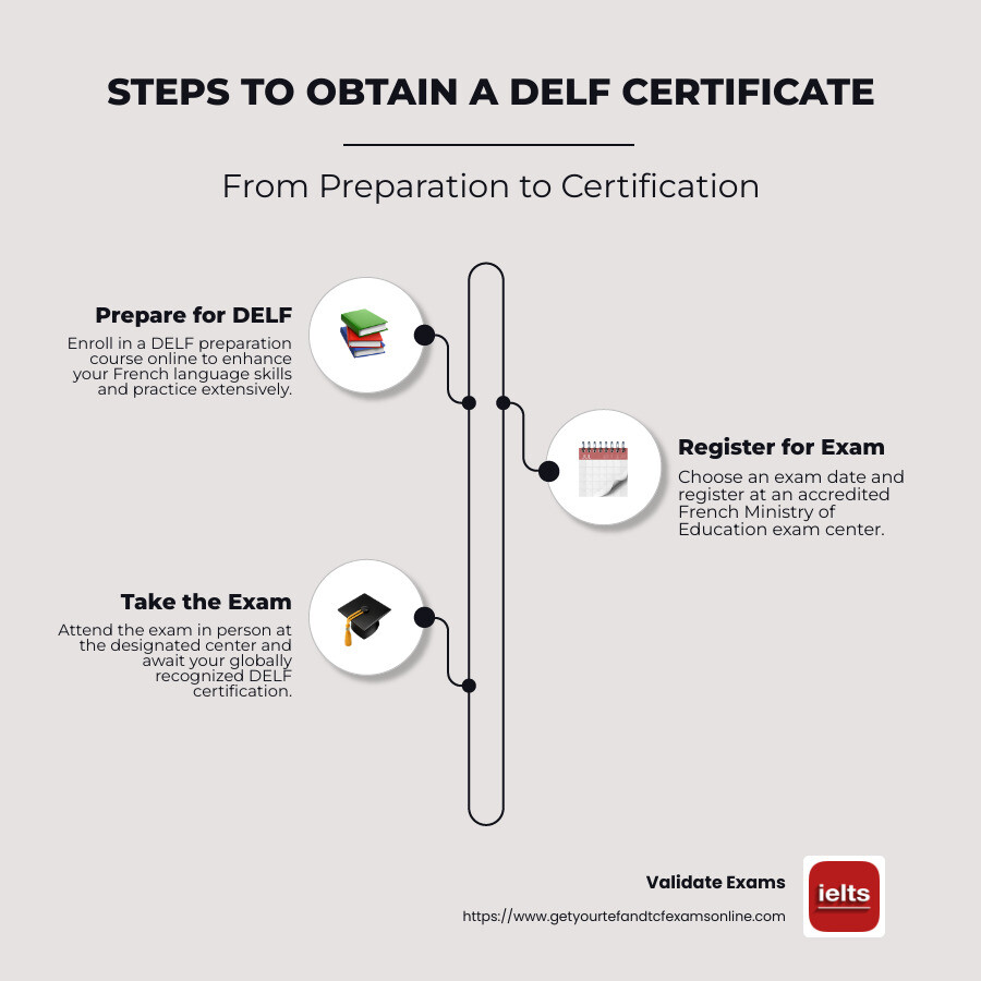 DELF certificate process infographic depicting the steps from preparation to obtaining it, showing the digital and in-person stages and highlighting accredited exam centers and global recognition of the DELF - DELF certificate online infographic infographic-line-3-steps-neat_beige